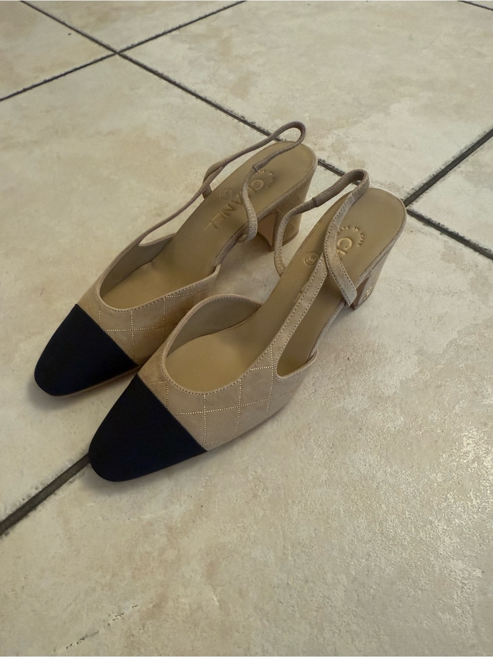 CHANEL Beige and Black Quilted Slingback Block Heel Pumps (medium heel) - Picture 4 of 6